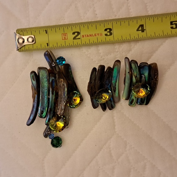 Abalone pin 3 x 1 half and clip earrings. Vintage new  with Swarovski crystals - Picture 7 of 7